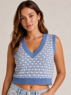 Hollister Blue & White Knit Sweater Vest Cropped V-Neck Size M